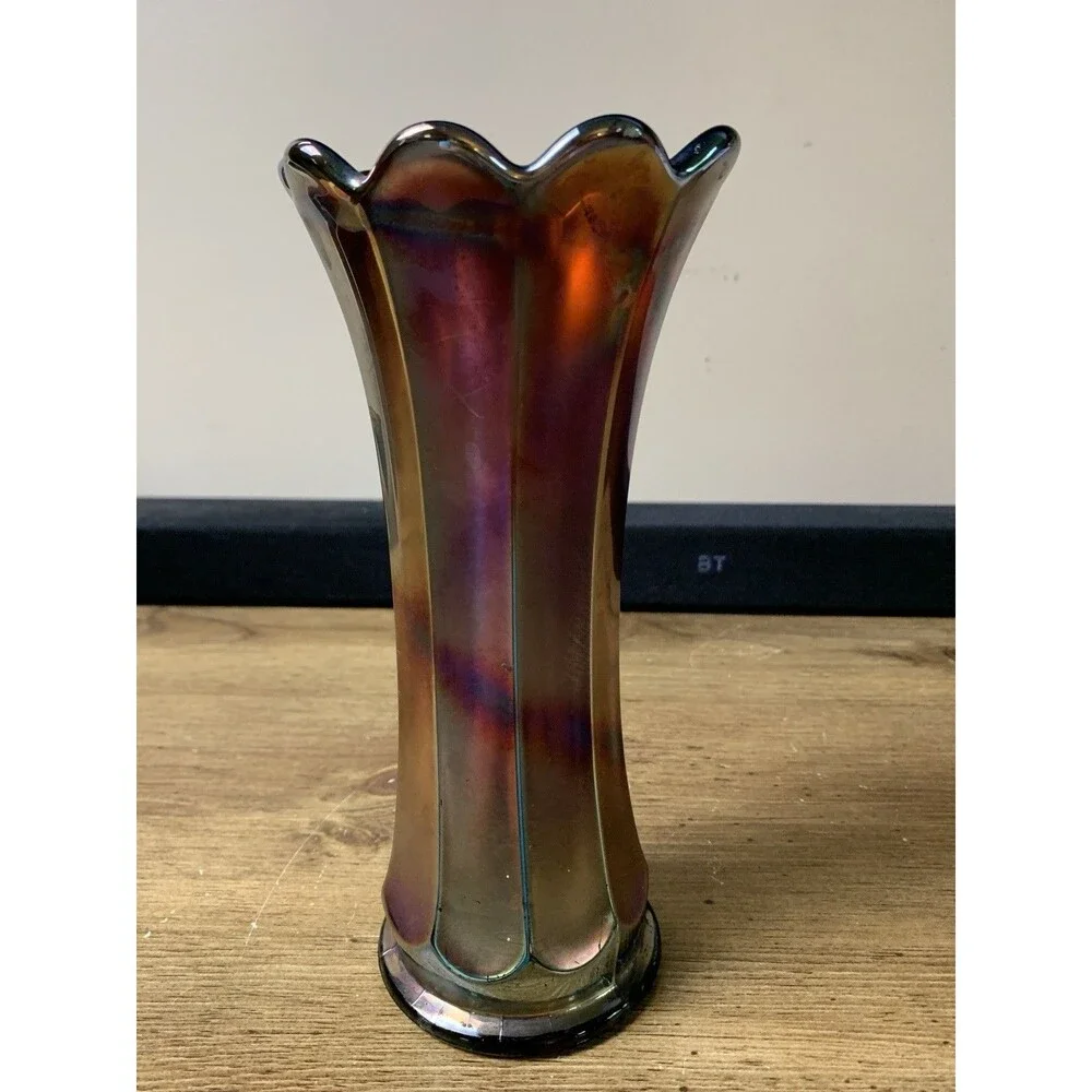 Vintage Concave Flute Carnival Glass Vase 8” By Westmoreland MCM Decorative READ